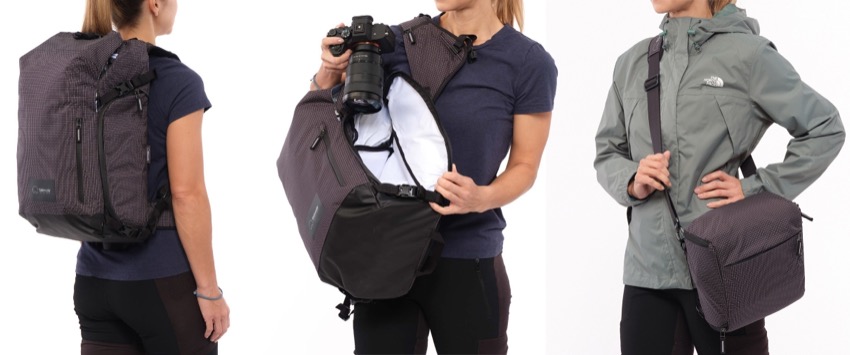Варианты использования фоторюкзака Shimoda Sidecountry 28 Women's Black/White без сумки и с сумкой Shimoda Top Loader