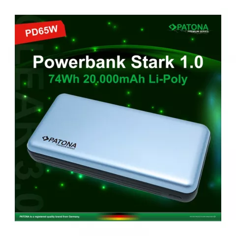 Внешний аккумулятор PATONA 1.0 PD65W 20.000mAh с 2 встроенными кабелями USB-C и Lightning