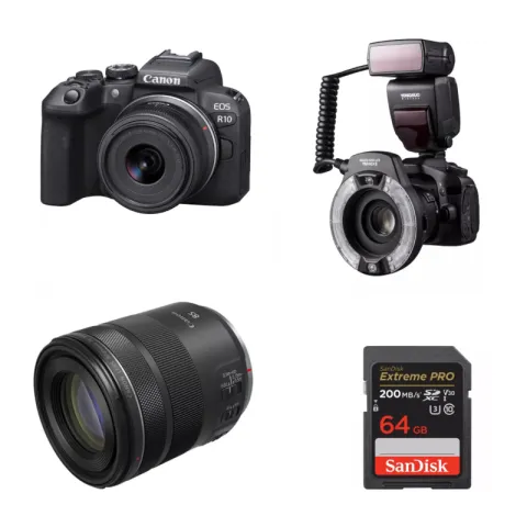 Комплект для стоматолога - Canon EOS R10 kit RF-S 18-45 + RF 85mm F2 MACRO + YN-14EX II + SDSDXXU-064G-GN4IN