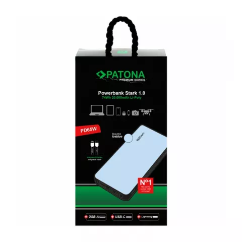 Внешний аккумулятор PATONA 1.0 PD65W 20.000mAh с 2 встроенными кабелями USB-C и Lightning