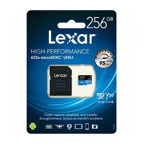 Карта памяти 256GB Lexar microSDXC UHS-I (100/45MB/s) C10 A1 V30 U3 c SD адаптером (LSDMI256BB633A)