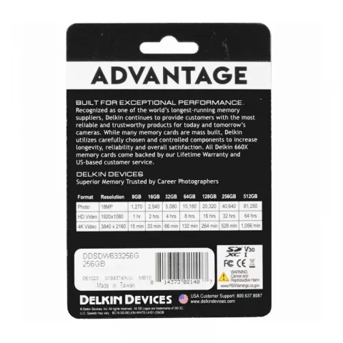 Delkin Devices Advantage SDXC 256GB UHS-I Class 10 V30 (DSAV3256)	
