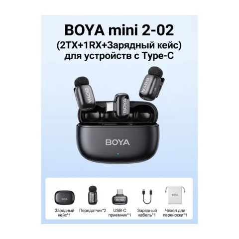 BOYA MINI 2-02 Ультракомпактная двухканальная радиосистема с разъемом USB-C и с зарядным кейсом