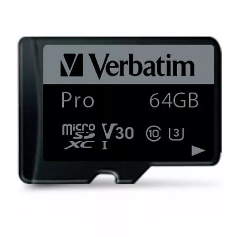 Карта памяти Verbatim microSDXC PRO Class 10 UHS-1 Class 3 V30 90/45 MB/S 64GB  + SD adapter