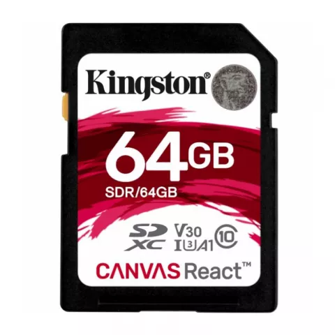Карта памяти Kingston SDXC Canvas React 100R/80W CL10 UHS-I U3 V30 A1 SDR/64GB