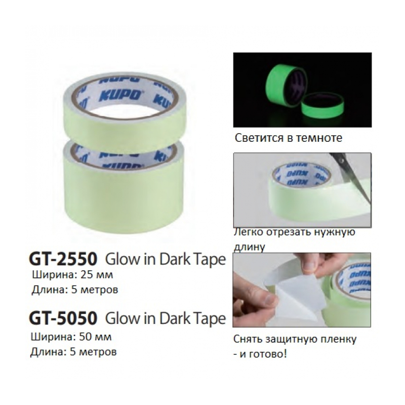 KUPO GT-2550 Glow-in-dark tape 25mm x5 m, material pet, luminous duration 6-8 hours Скотч светящийся