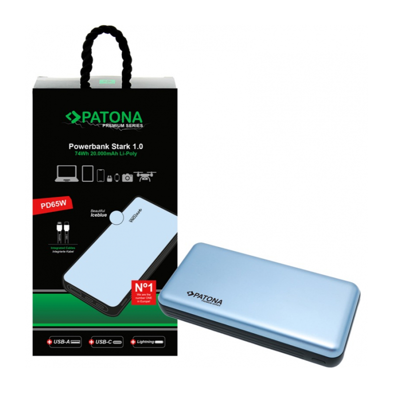 Внешний аккумулятор PATONA 1.0 PD65W 20.000mAh с 2 встроенными кабелями USB-C и Lightning