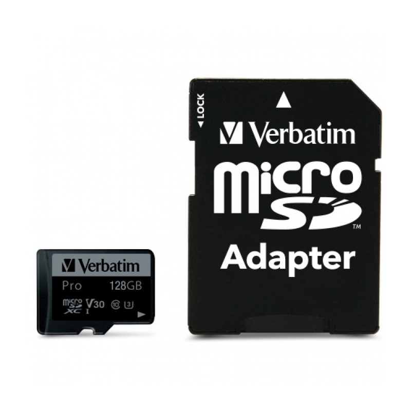 Карта памяти Verbatim microSDXC PRO Class 10 UHS-1 Class 3 V30 90/45 MB/S 128GB  + SD adapter