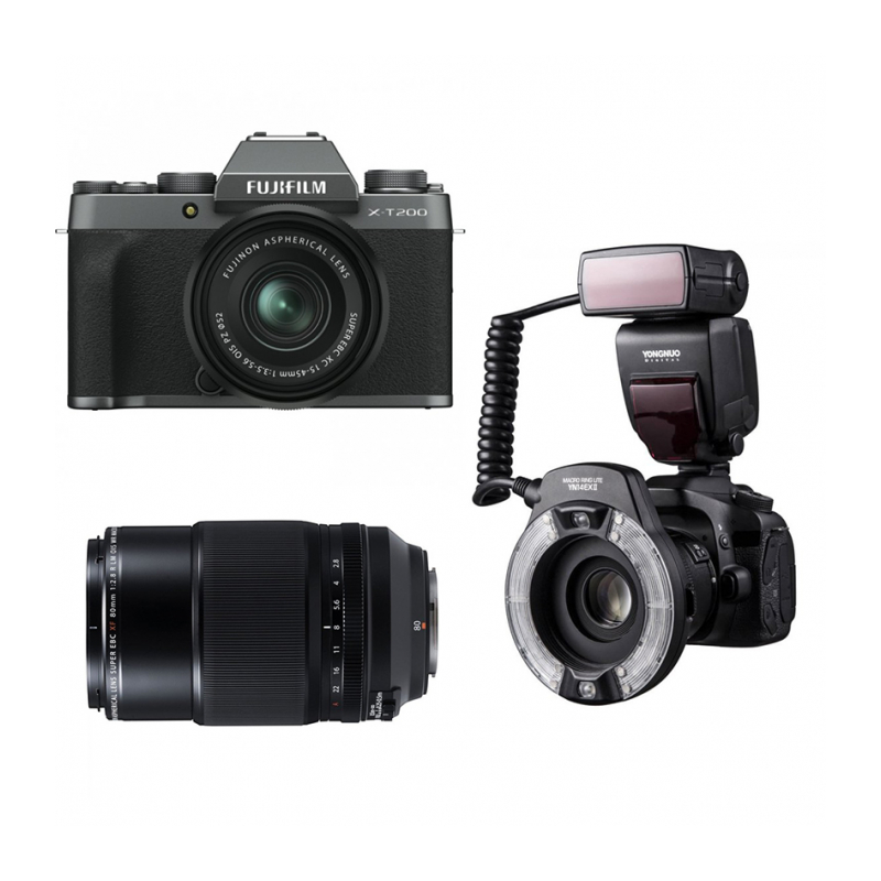 Комплект цифровая фотокамера Fujifilm X-T200 Kit XC 15-45 + объектив XF 80mm f/2.8 Macro + вспышка Yongnou YN-14EX II Macro